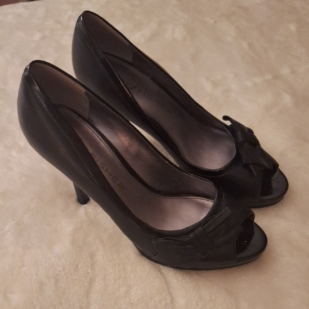 Marc Fisher Black Peep-Toe Heels with Bow